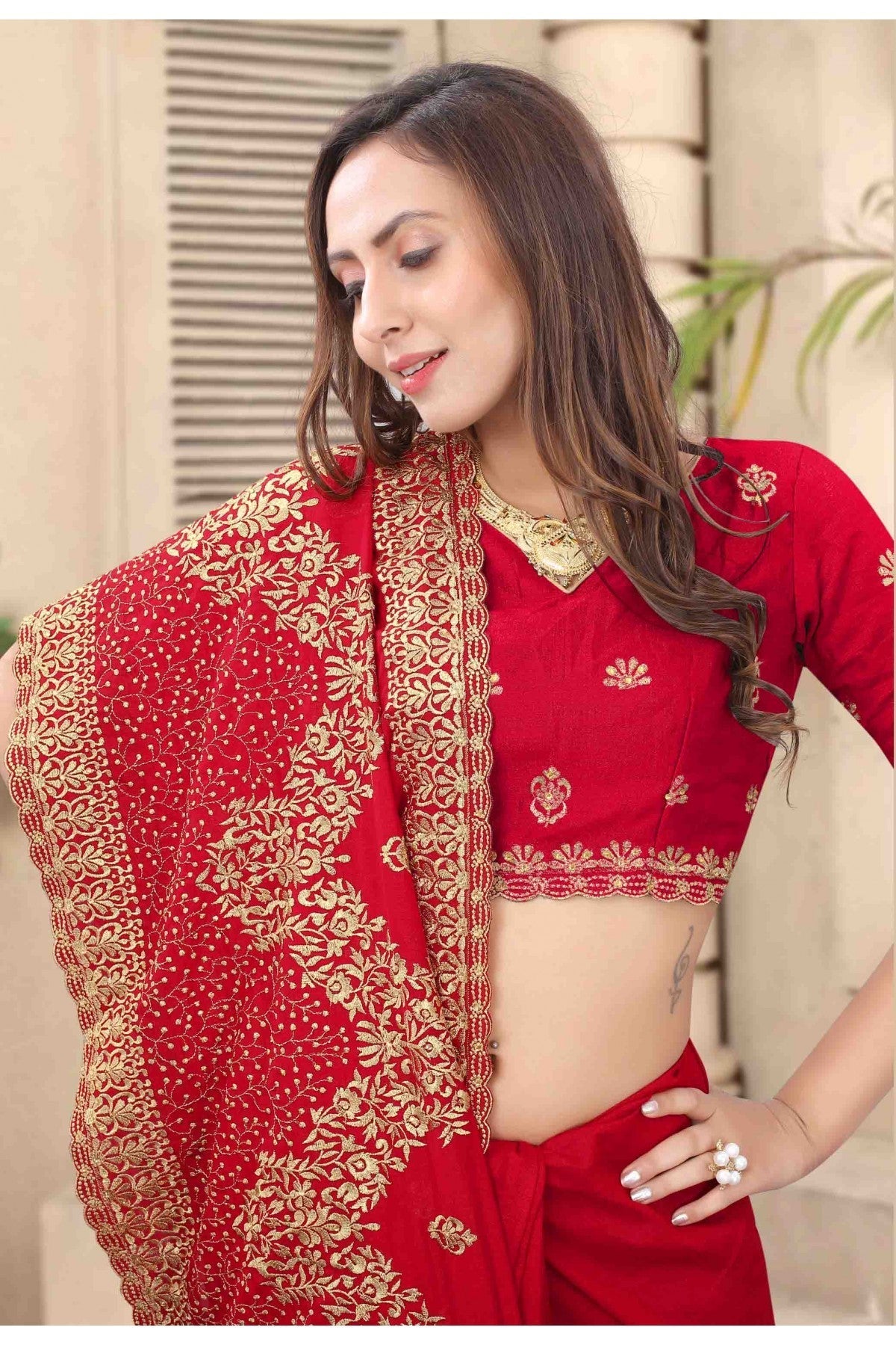 Red Colour Vichitra Silk Embroidery Saree