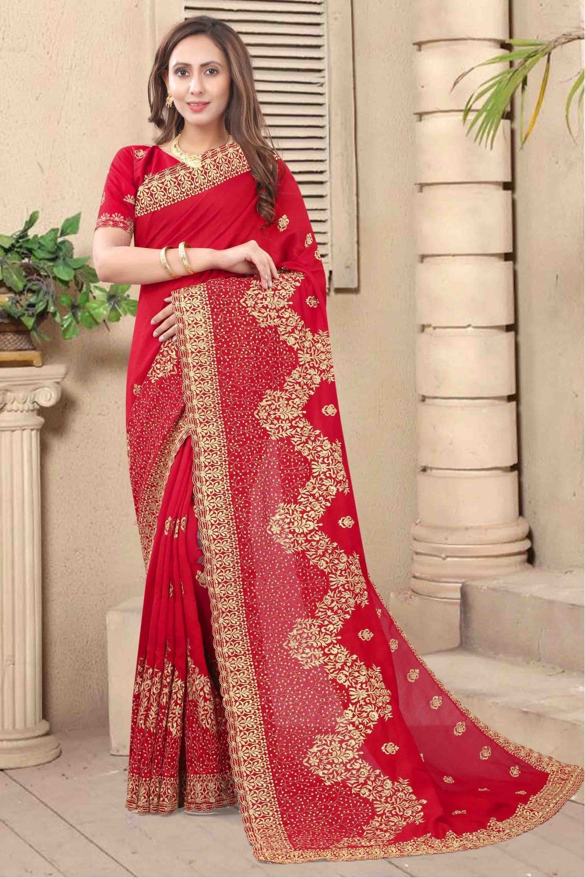 Red Colour Vichitra Silk Embroidery Saree