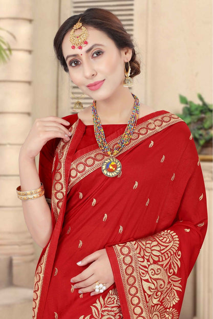 Red Colour Vichitra Silk Embroidery Saree