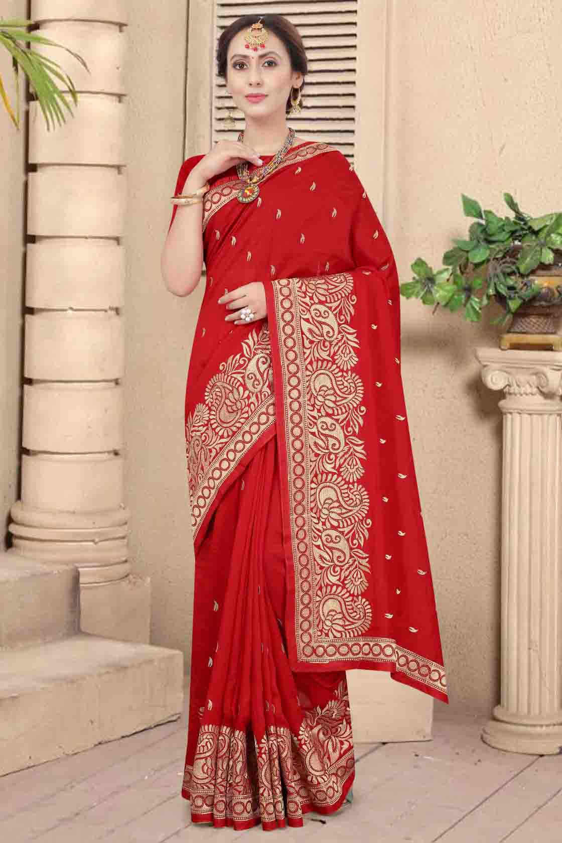 Red Colour Vichitra Silk Embroidery Saree