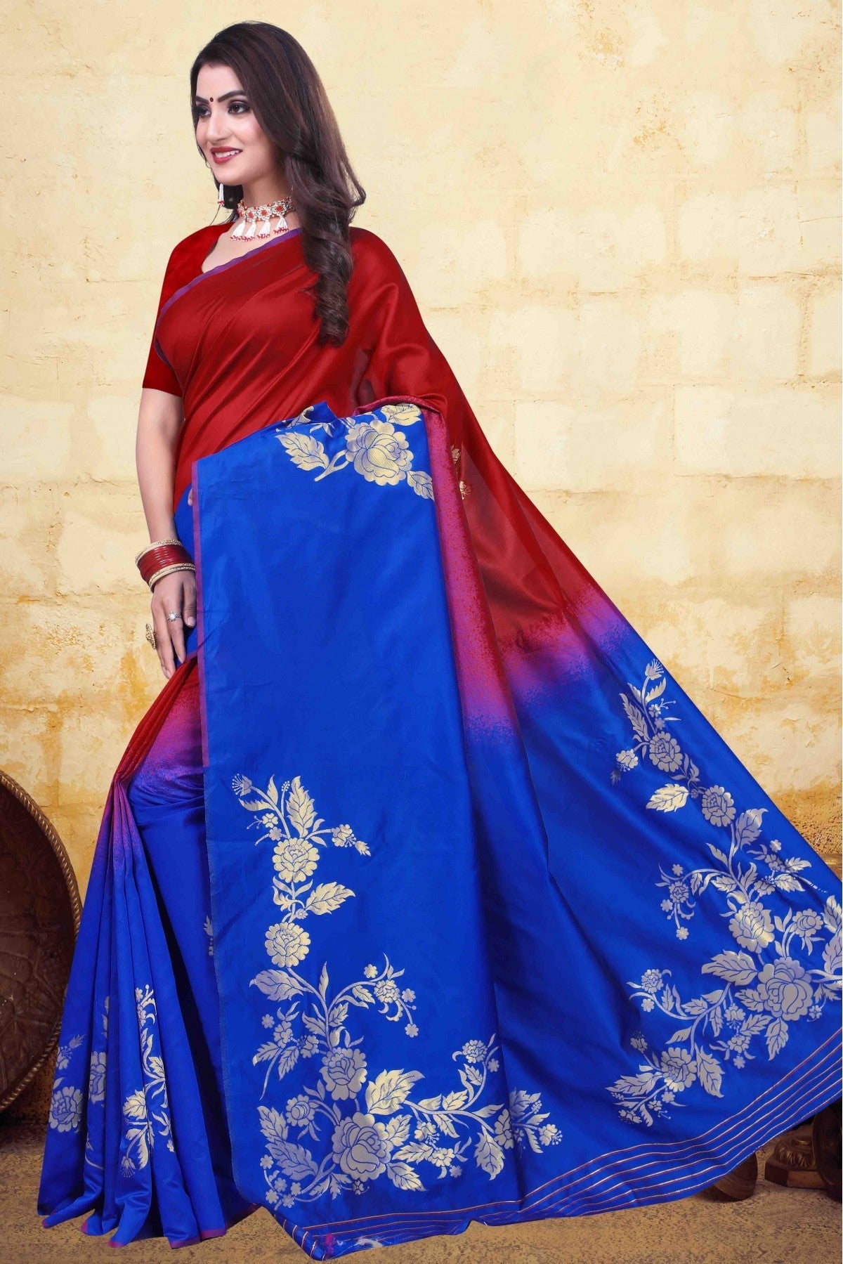 Red and Blue Colour Banarasi Art Silk Traditional Saree