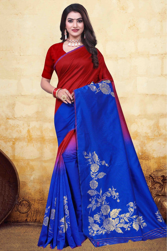 Red and Blue Colour Banarasi Art Silk Traditional Saree