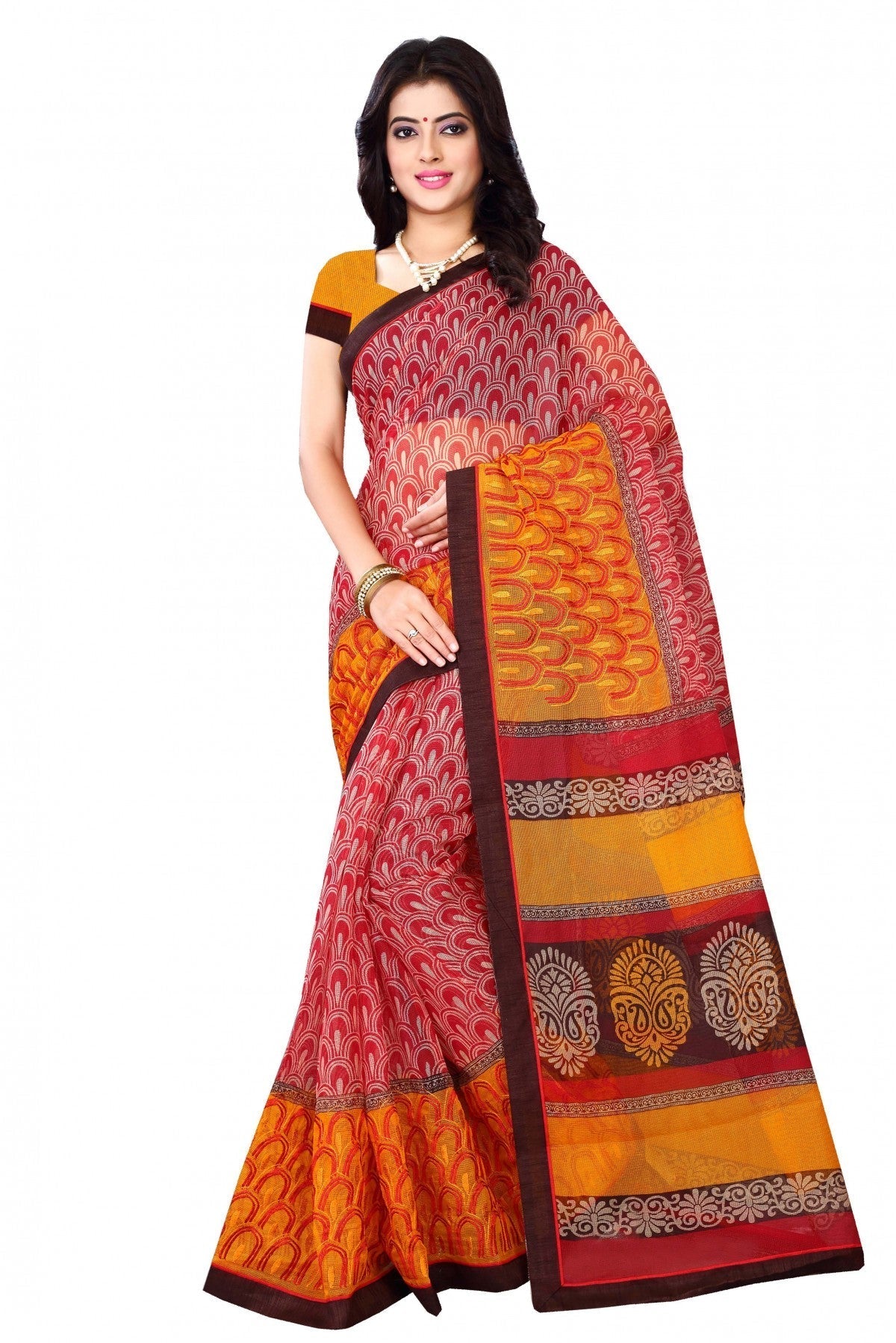 Red and Orange Colour Kota Silk Printed Saree