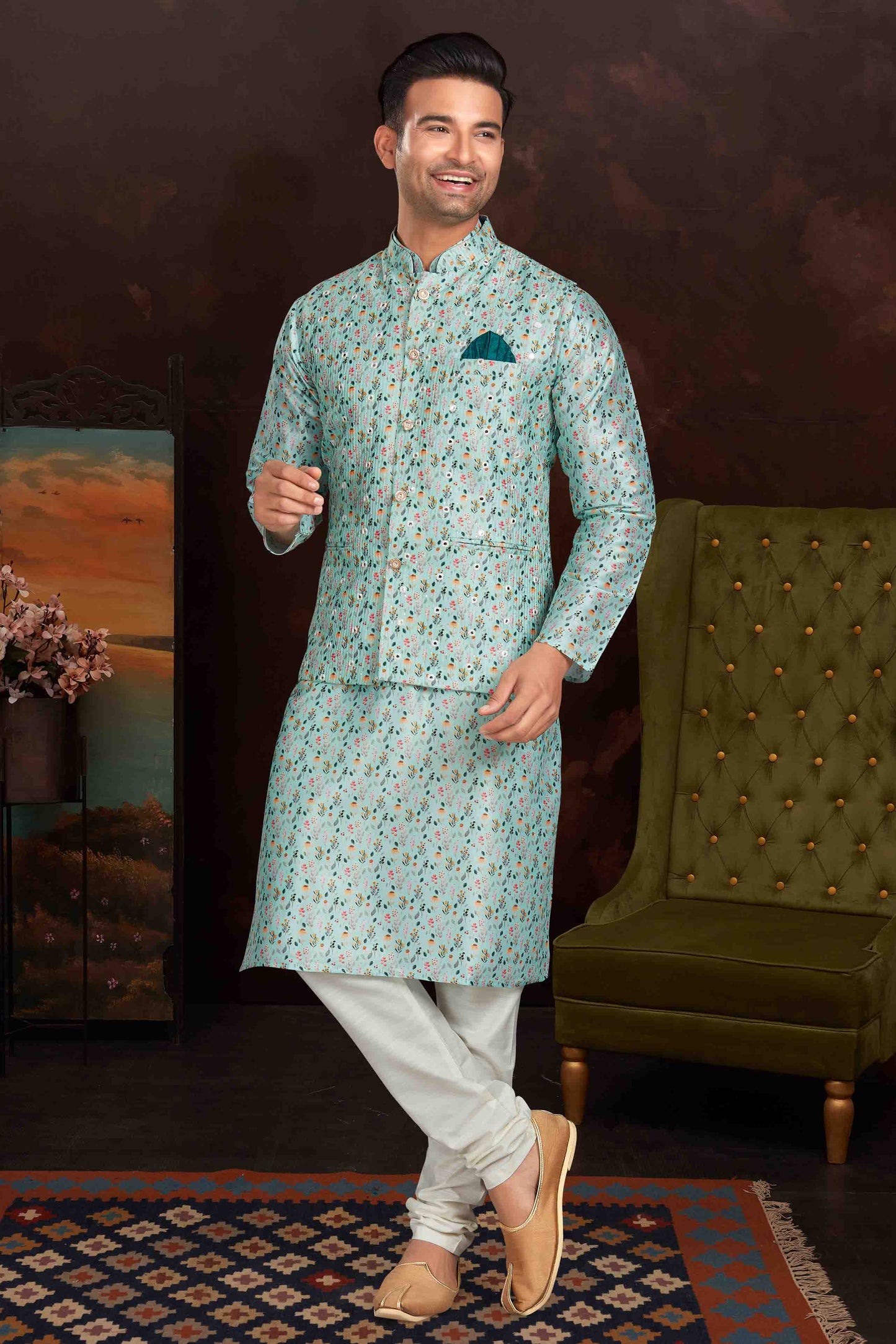 Sea Green Colour Kurta Pajama With Jacket In Malai Silk