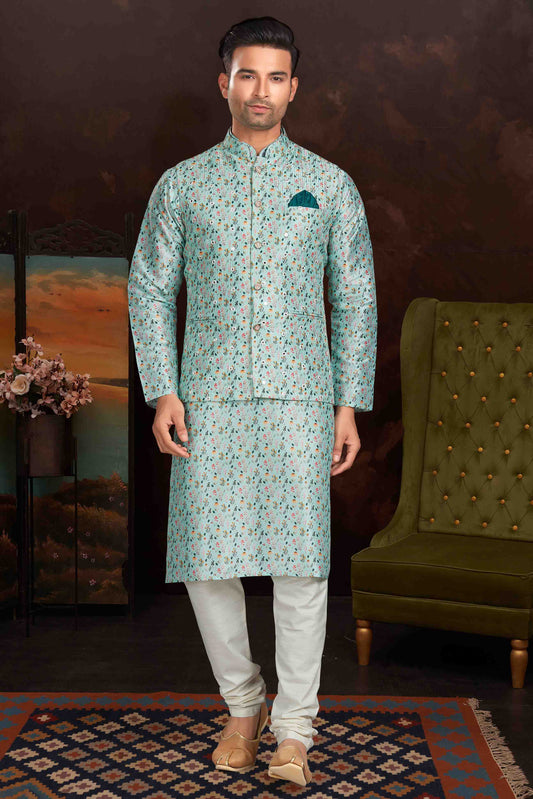 Sea Green Colour Kurta Pajama With Jacket In Malai Silk