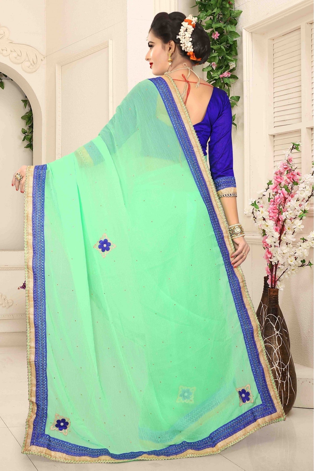 Sea Green Colour Marbal Chiffon Designer Saree