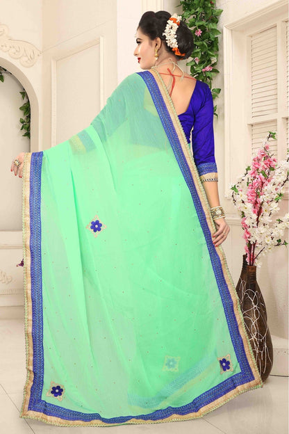 Sea Green Colour Marbal Chiffon Designer Saree