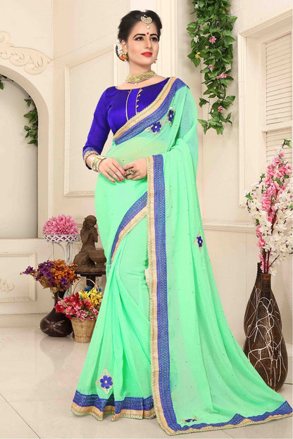 Sea Green Colour Marbal Chiffon Designer Saree