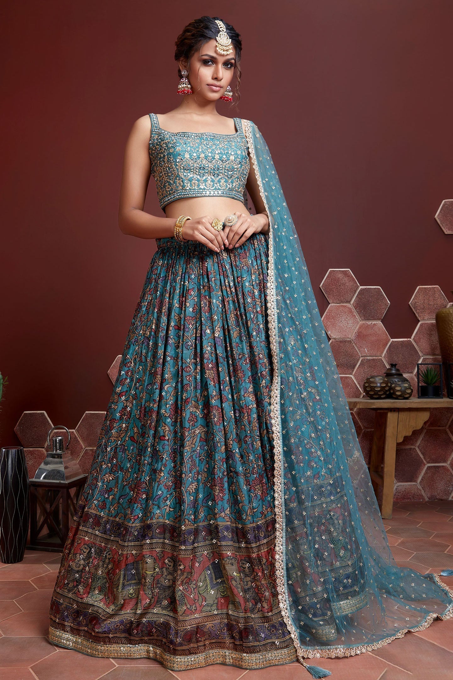 Sky Blue Chinnon Silk Designer Lehenga Choli