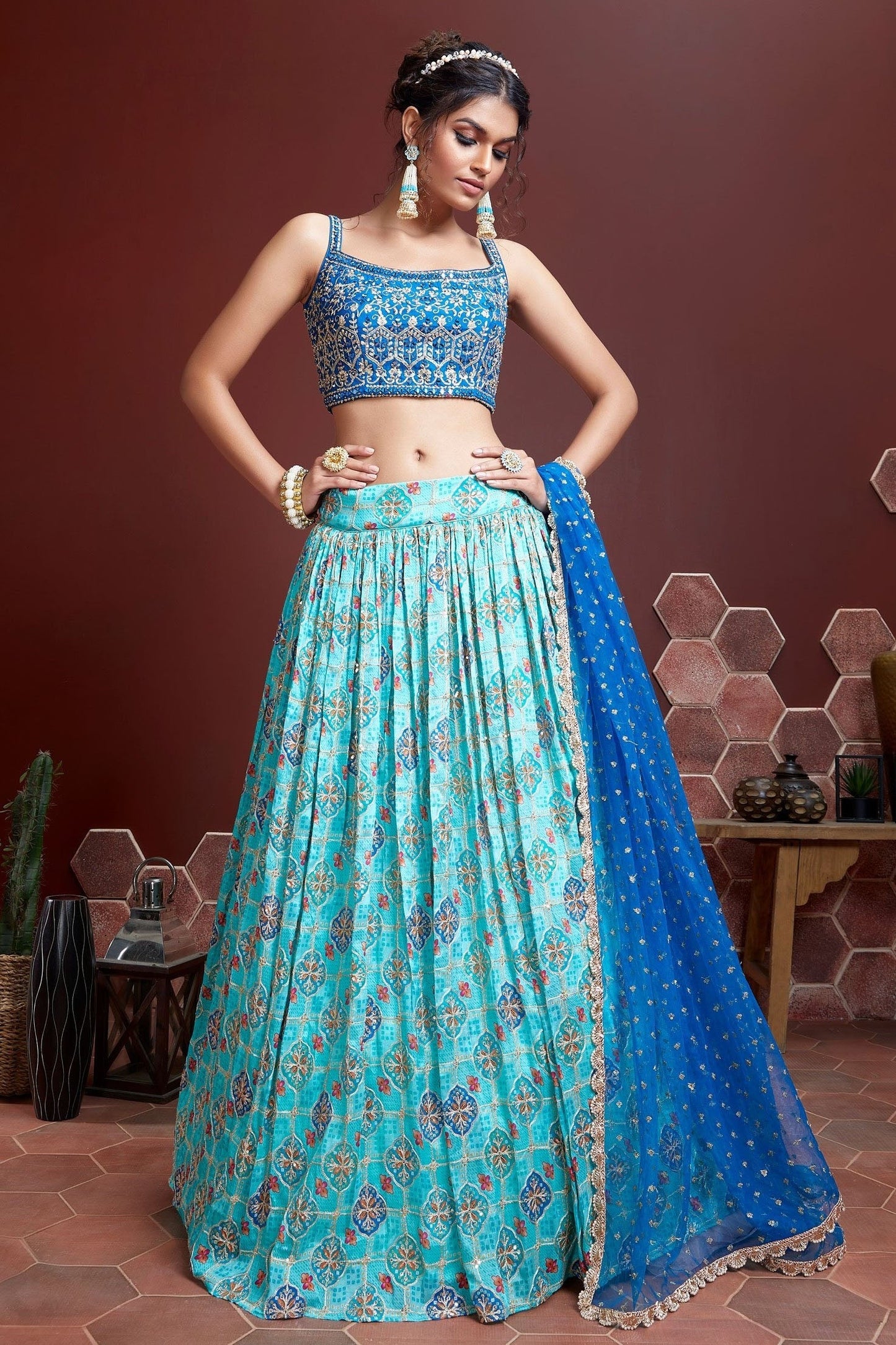 Sky Blue Chinnon Silk Designer Lehenga Choli