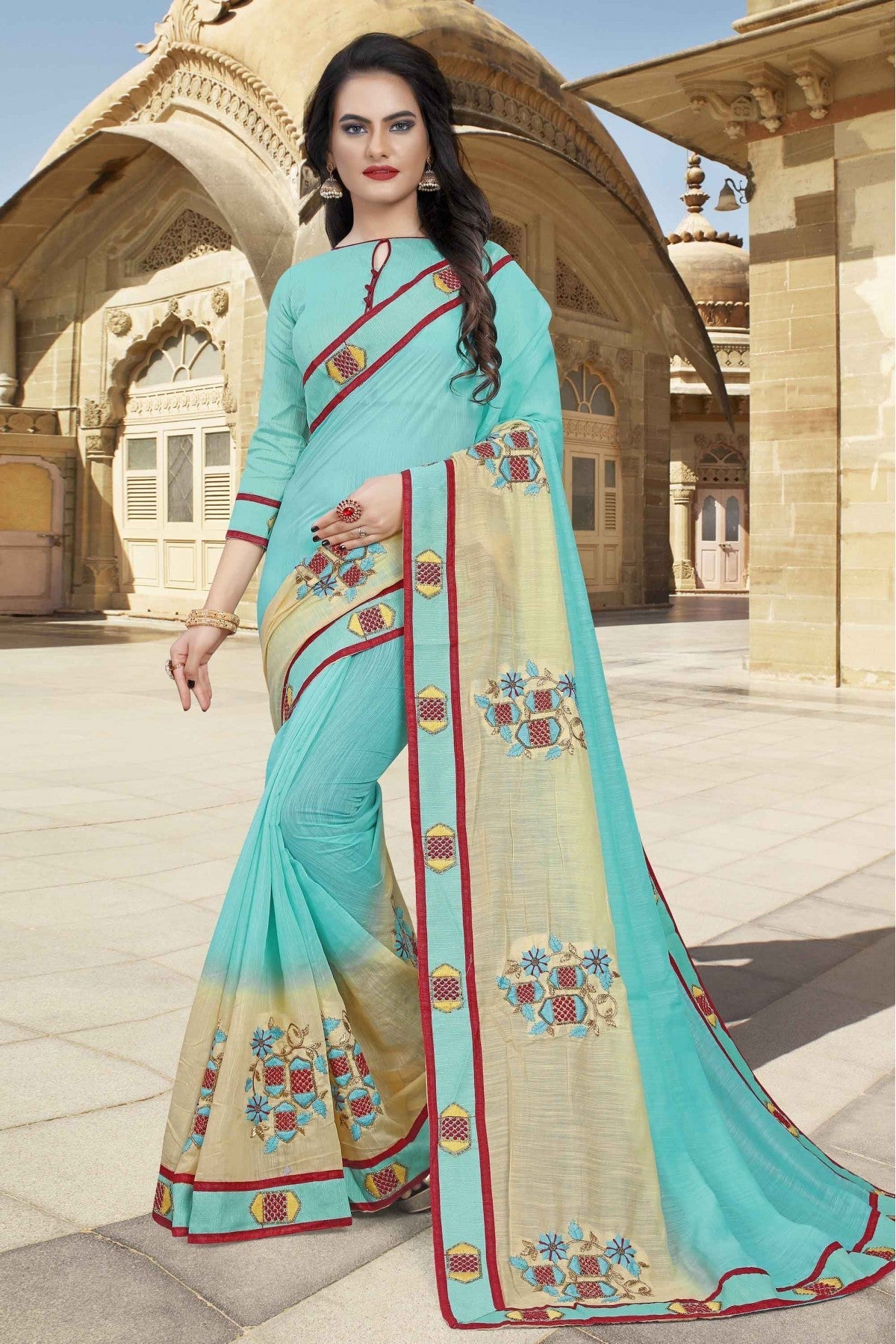 Sky Blue Colour Cotton Designer Saree