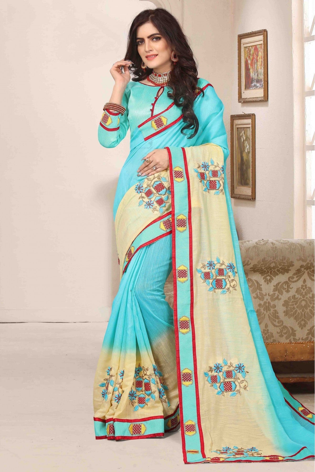 Sky Blue Colour Cotton Silk Designer Saree