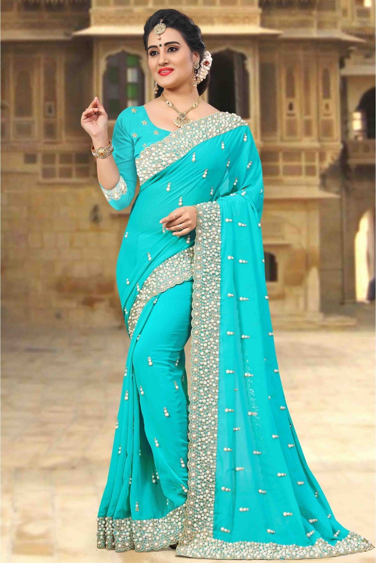 Sky Blue Colour Georgette Designer Saree