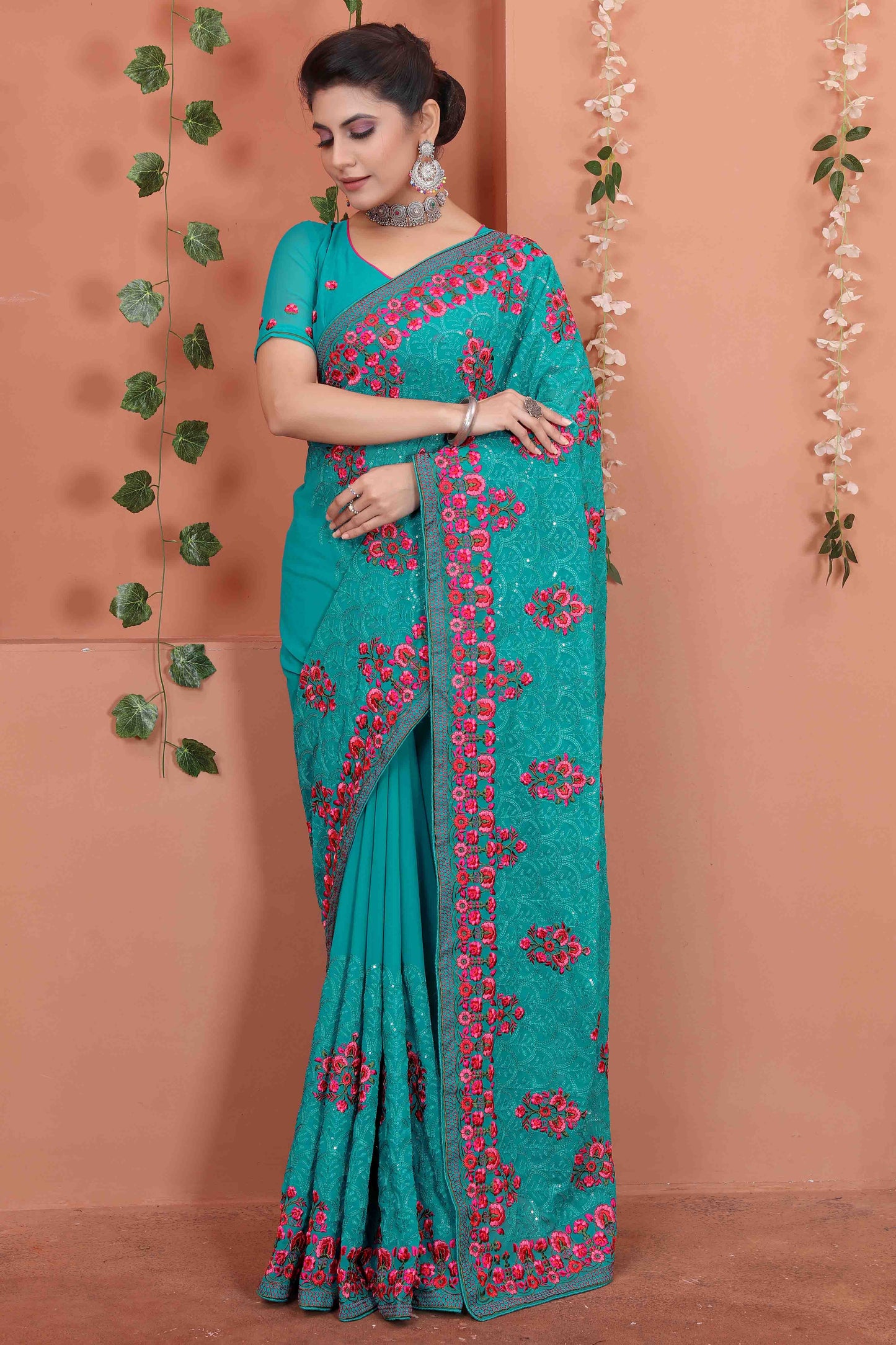 Sky Blue Colour Georgette Designer Saree