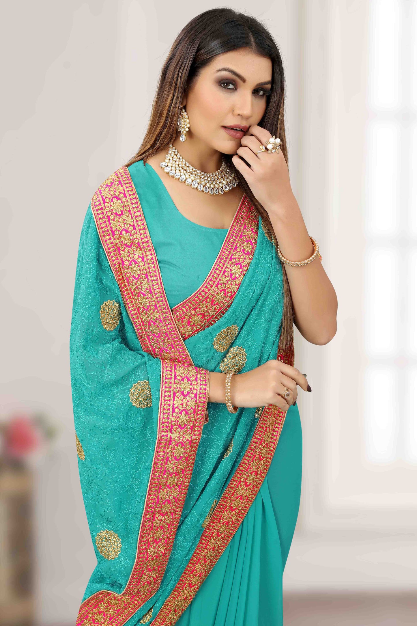 Sky Blue Colour Georgette Designer Saree