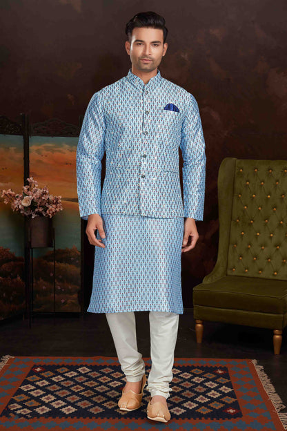 Sky Blue Colour Kurta Pajama With Jacket In Malai Silk