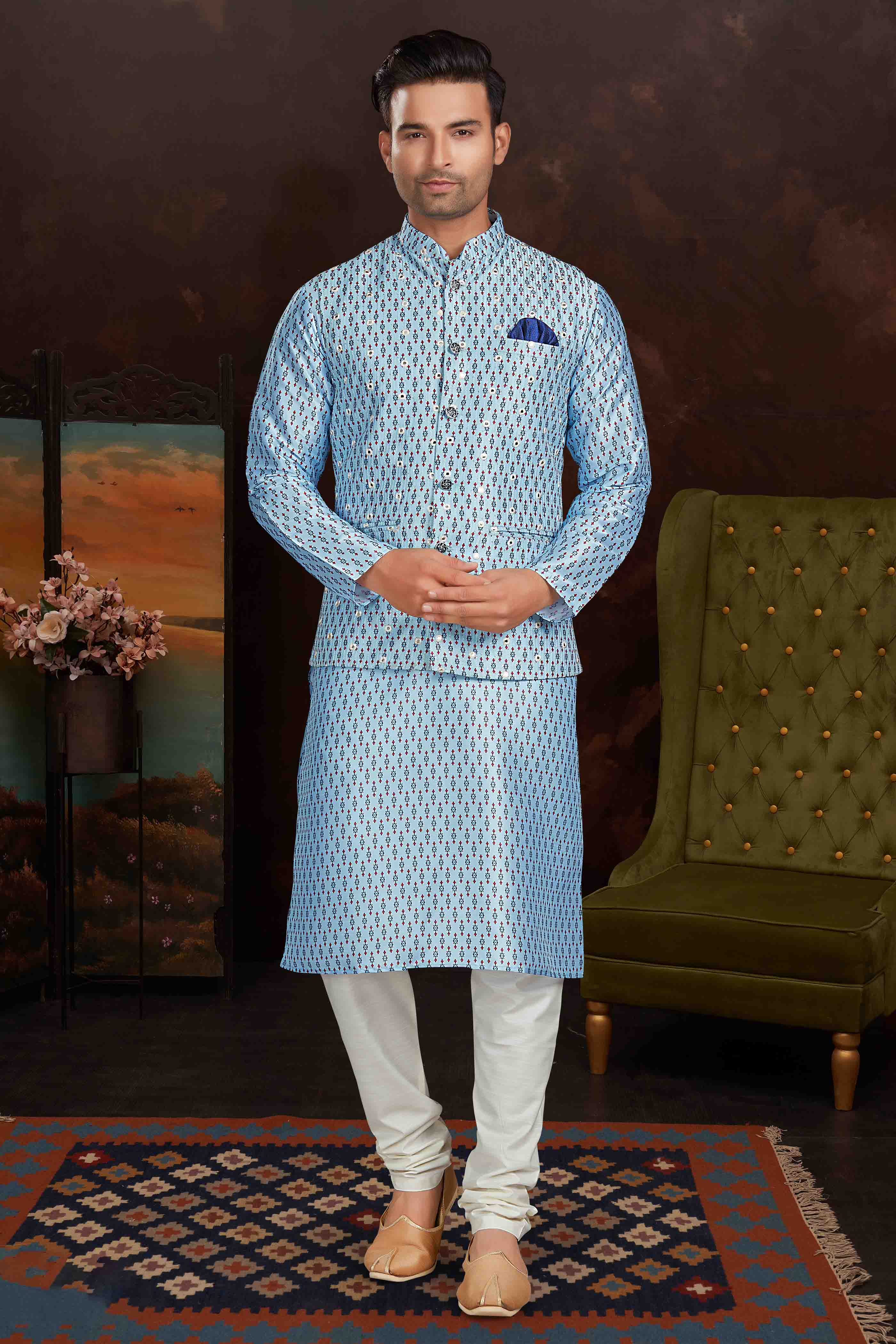 Sky blue kurta pajama with jacket deals