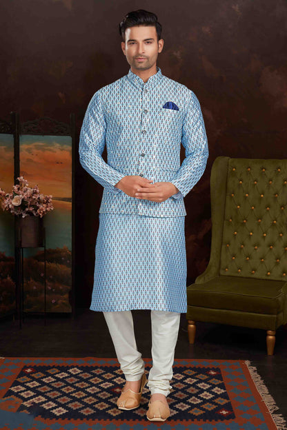 Sky Blue Colour Kurta Pajama With Jacket In Malai Silk