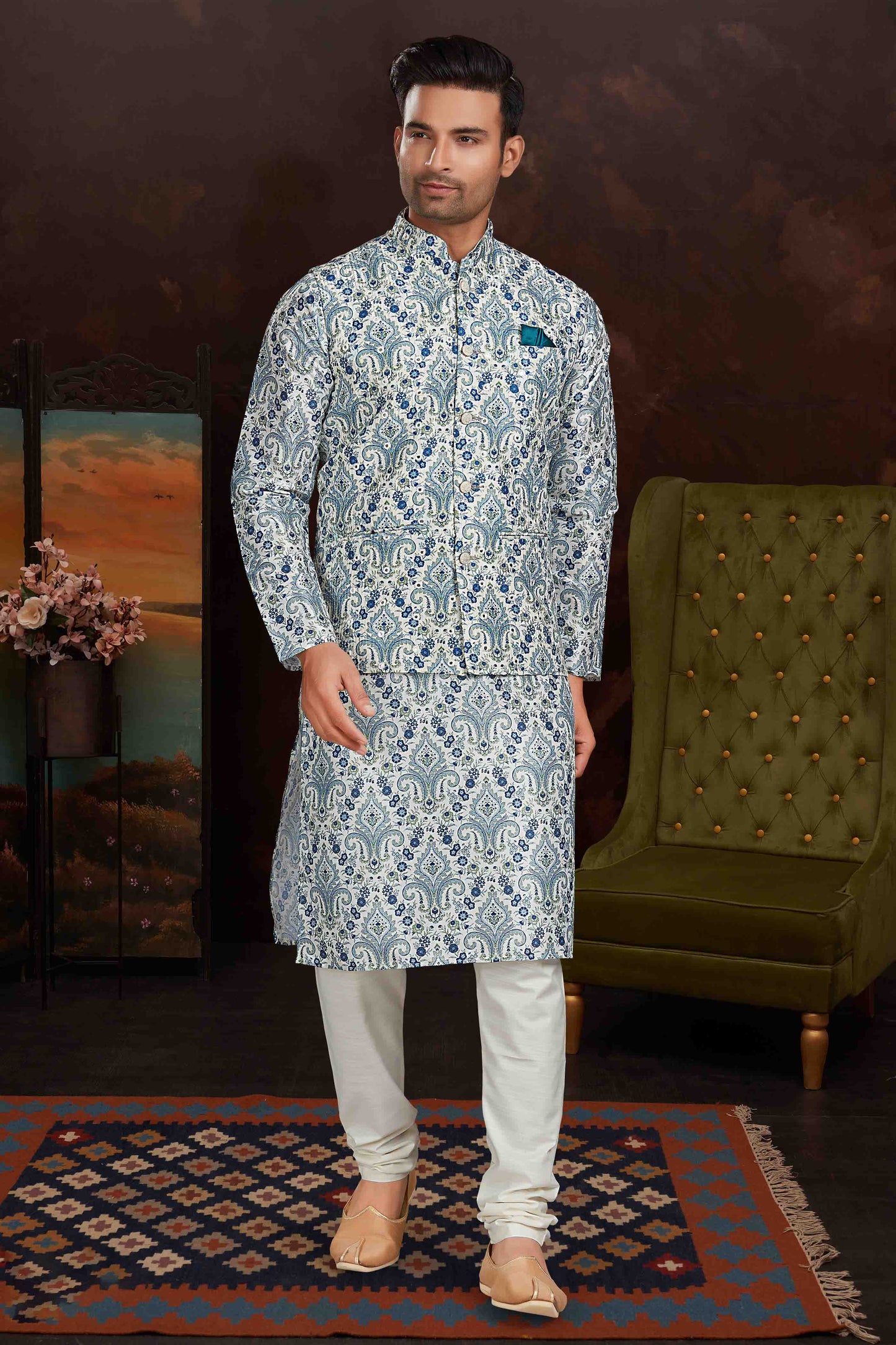 Sky Blue Colour Kurta Pajama With Jacket In Malai Silk