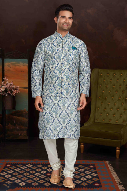 Sky Blue Colour Kurta Pajama With Jacket In Malai Silk