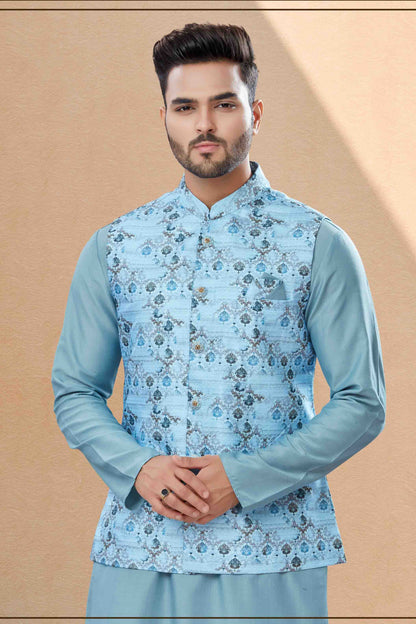 Sky Blue Colour Kurta Pajama With Jacket In Silk Dupion Fabric