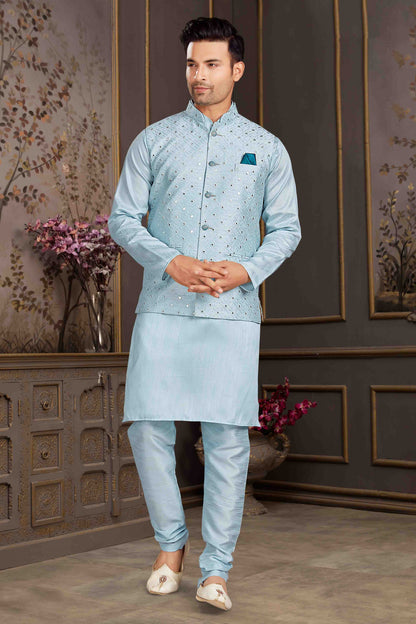 Sky Blue Colour Kurta Pajama With Jacket In Silk Mastani