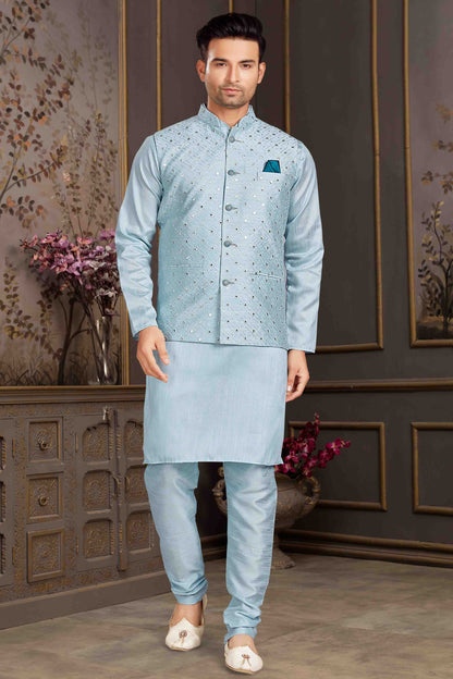 Sky Blue Colour Kurta Pajama With Jacket In Silk Mastani