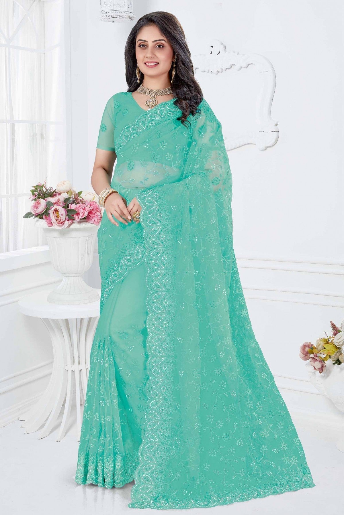 Sky Blue Colour Net Designer Saree