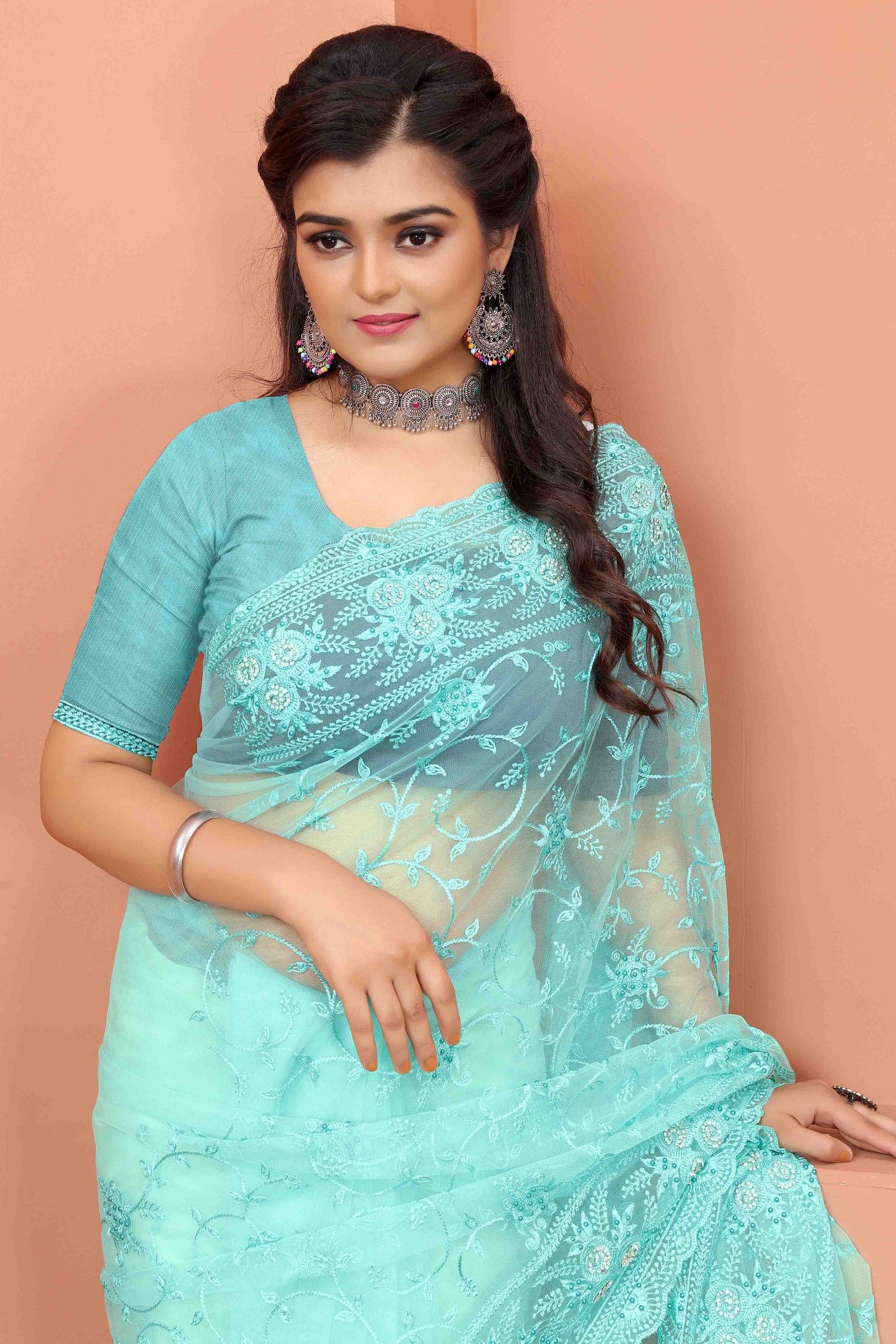 Sky Blue Colour Net Designer Saree