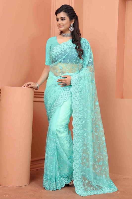 Sky Blue Colour Net Designer Saree