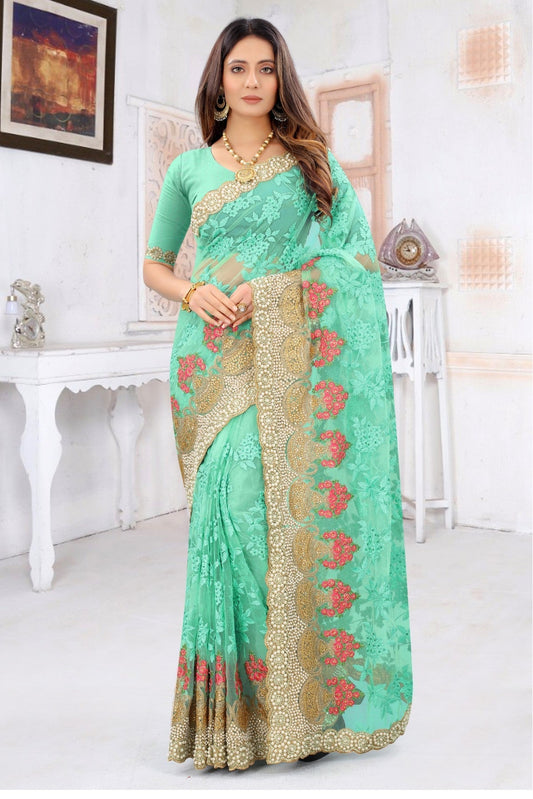 Sky Blue Colour Net Embroidery Saree