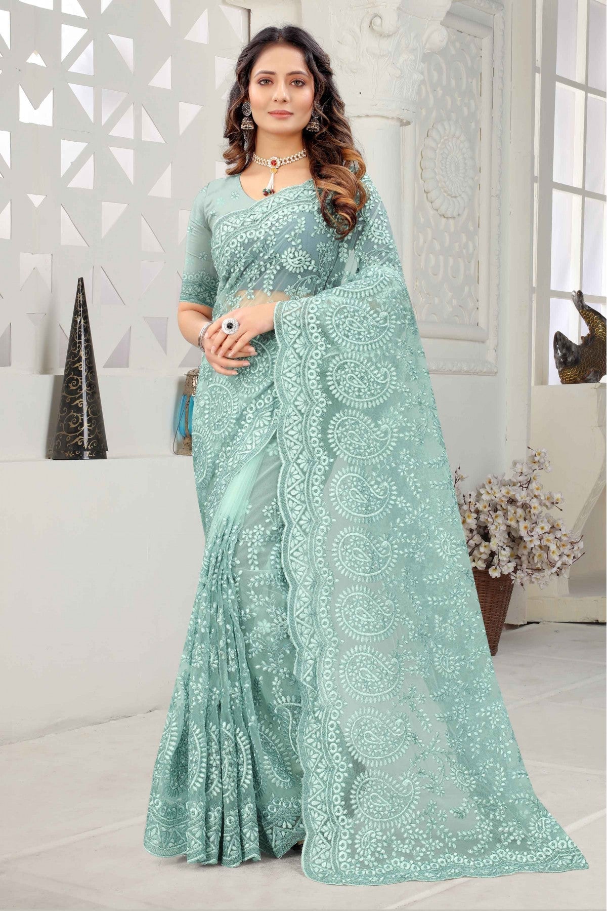 Sky Blue Colour Net Embroidery Saree