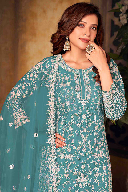 Sky Blue Colour Net Semi Stitched Palazzo Pant Suit