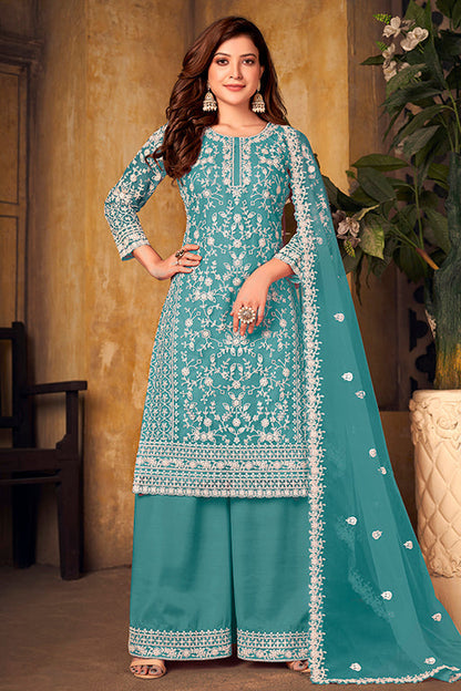 Sky Blue Colour Net Semi Stitched Palazzo Pant Suit