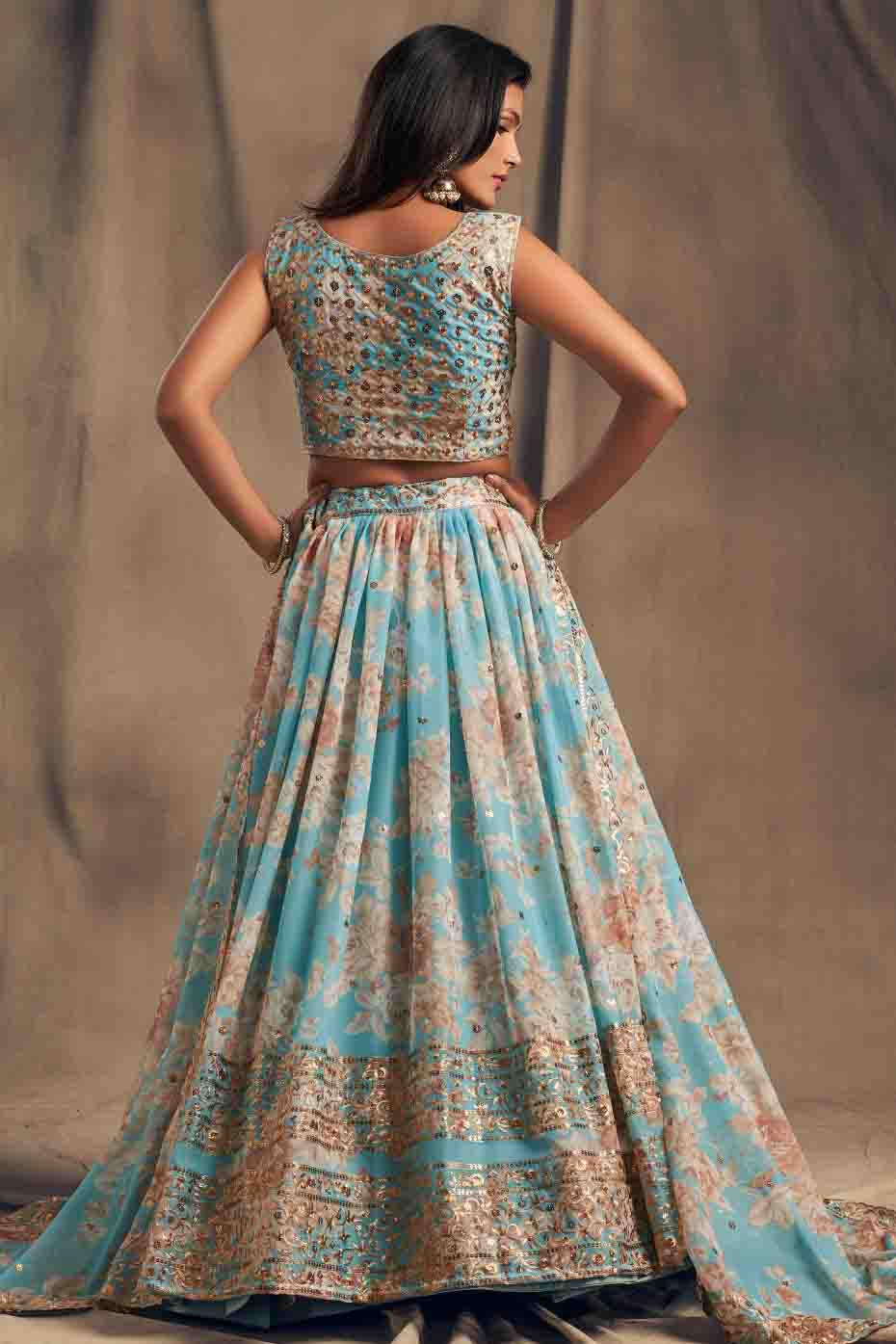 Sky Blue Colour Digital Printed Organza Lehenga Choli