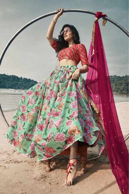 Sky Blue Colour Organza Printed Lehenga Choli