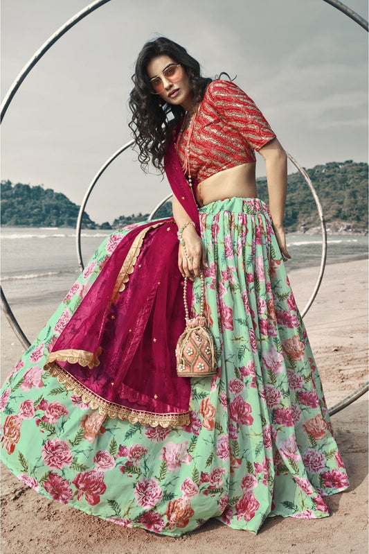 Sky Blue Colour Organza Printed Lehenga Choli