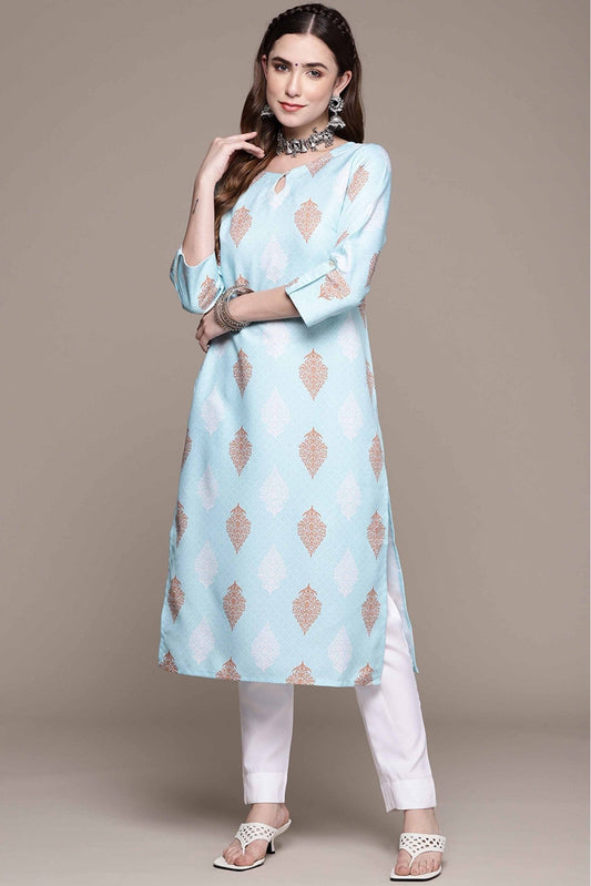 Sky Blue Colour Rayon Printed Kurta With Pant