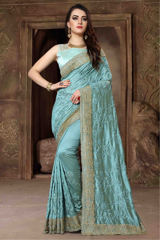 Sky Blue Colour Silk Designer Saree