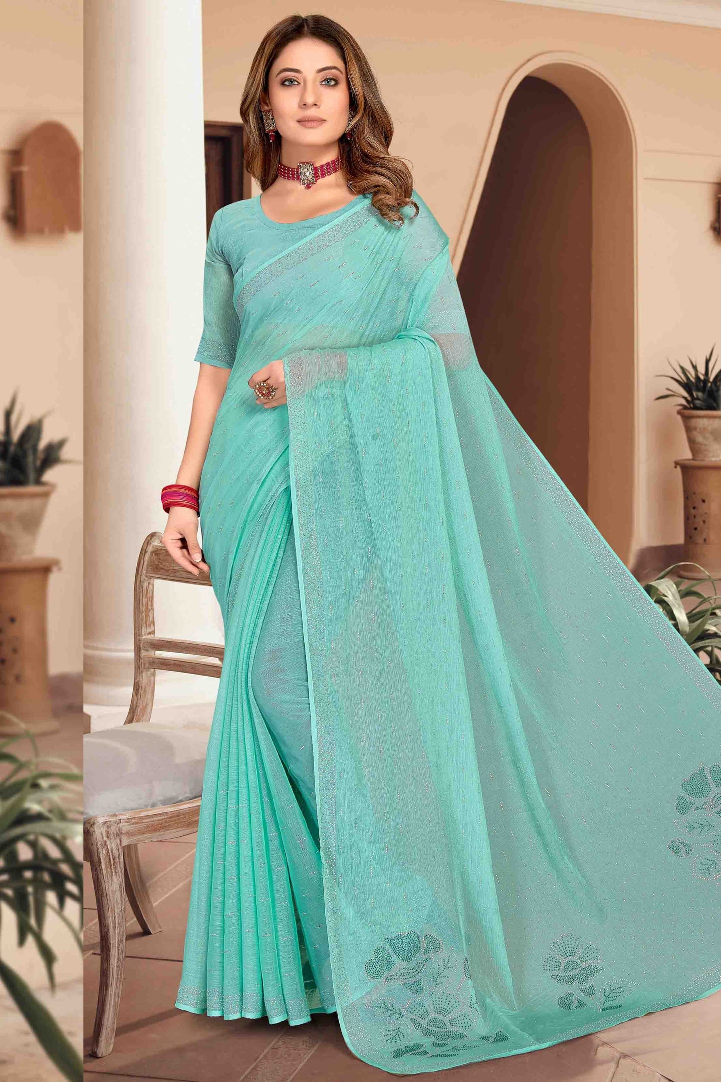 Sky Blue Colour Simmer Chiffon Designer Saree