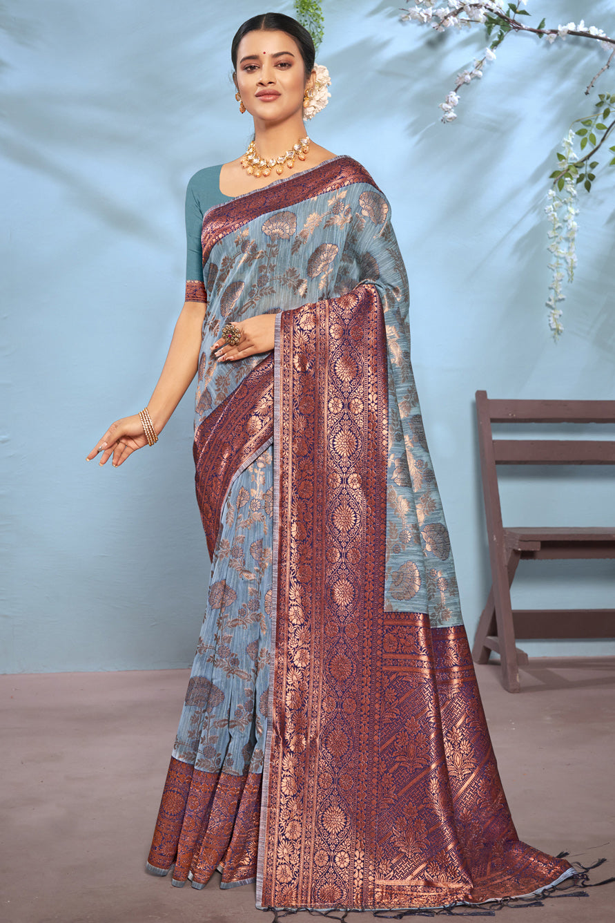 Slate Blue Colour Cotton Traditional Saree In Woven Work