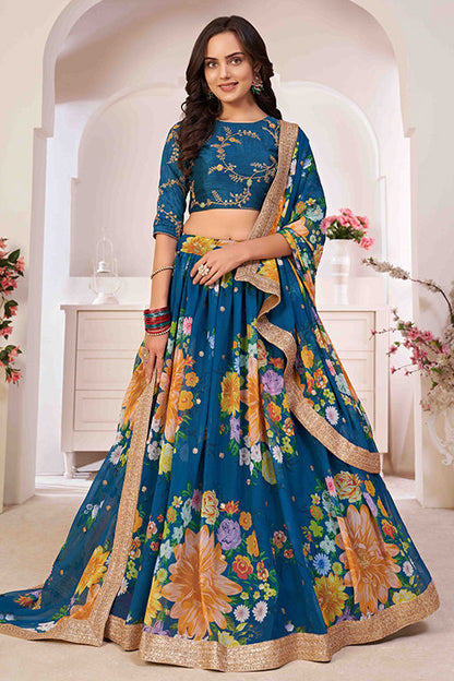 Teal Blue Colour Georgette Designer Lehenga Choli