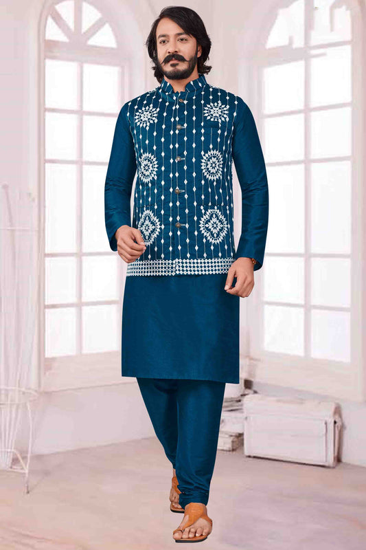 Teal Blue Colour Kurta Pajama With Jacket In Art Silk