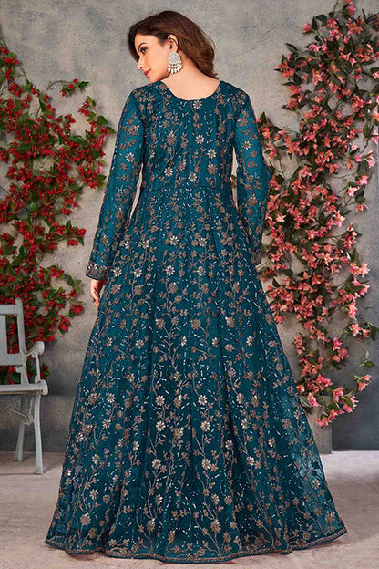 Teal Blue Colour Net Semi Stitched Pant Style Suit