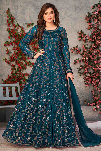 Teal Blue Colour Net Semi Stitched Pant Style Suit