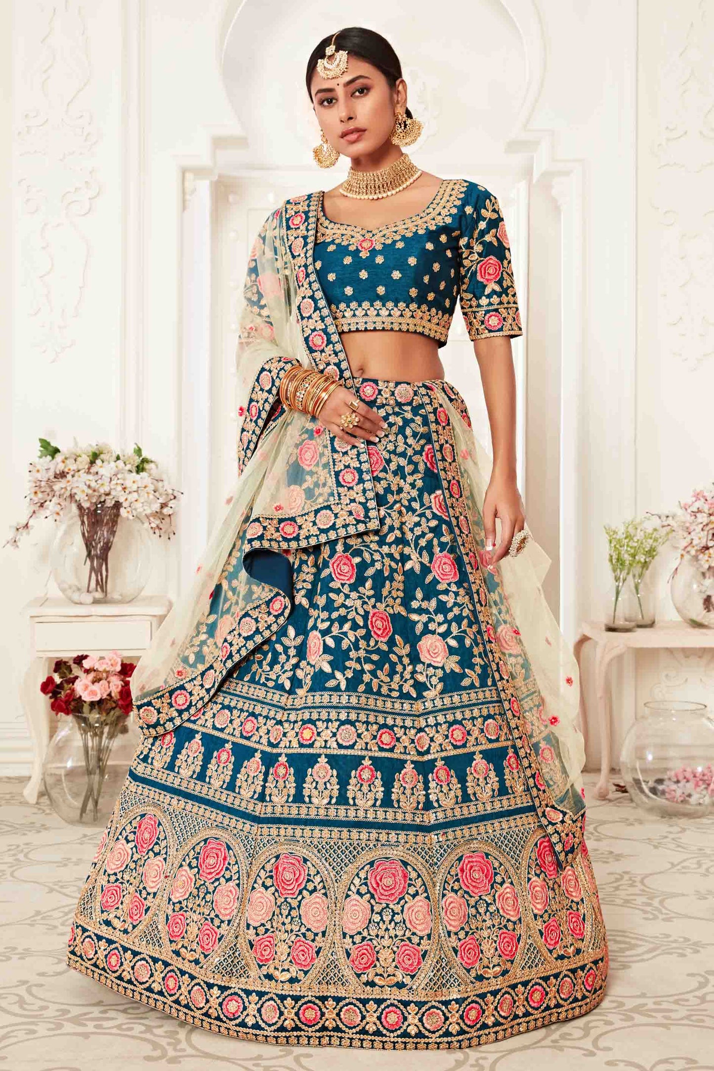 Teal Blue Silk Designer Lehenga Choli