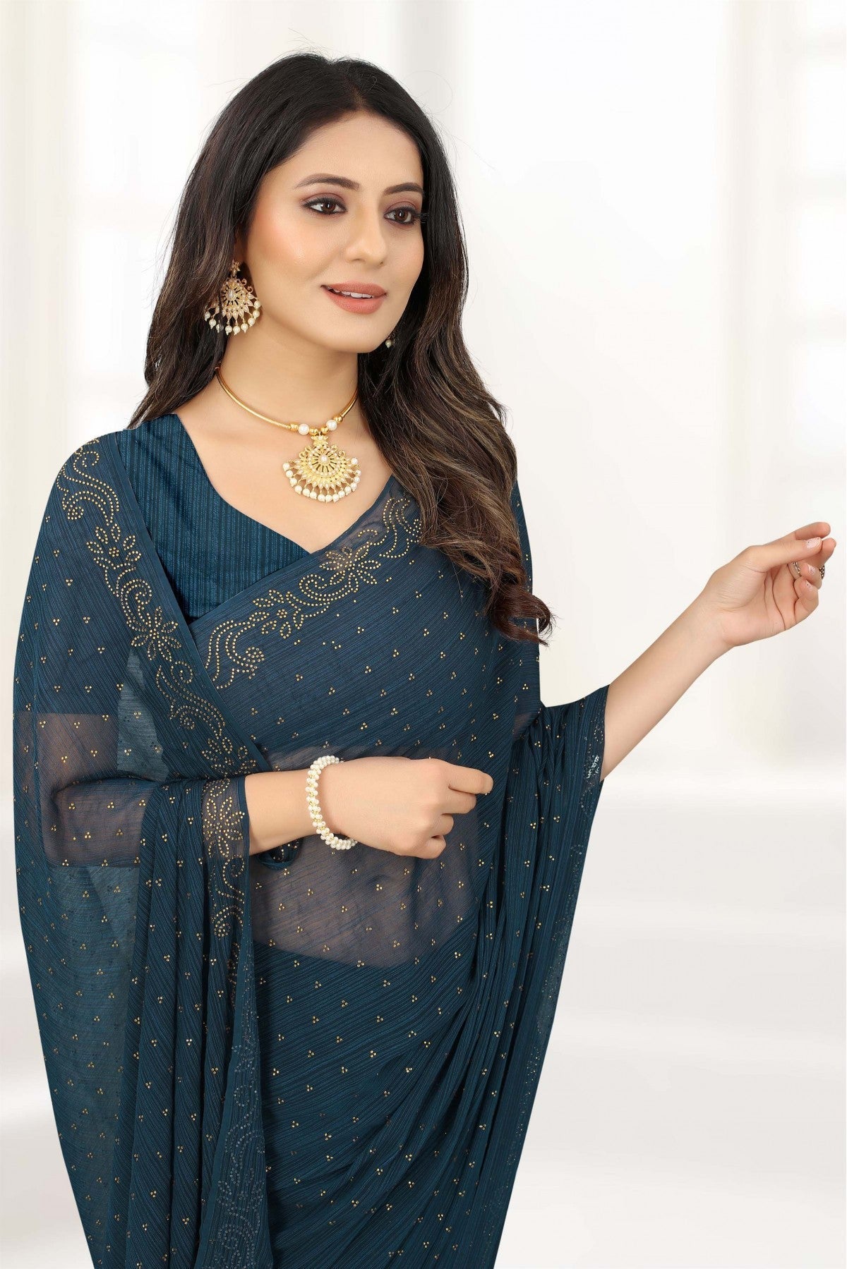 Teal Colour Chiffon Stone Work Saree