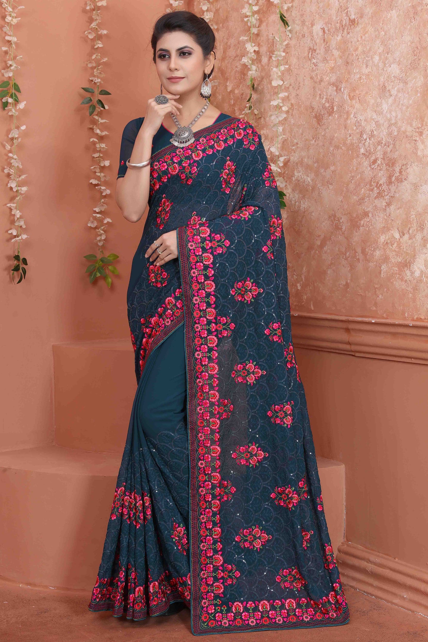 Teal Colour Georgette Designer Saree