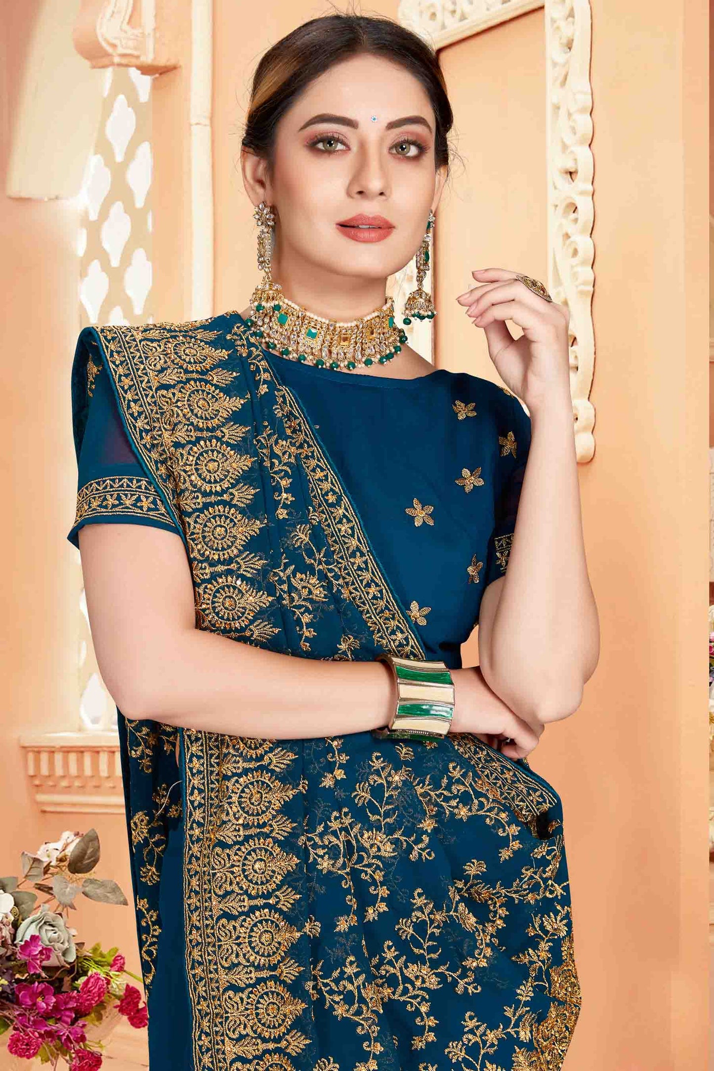 Teal Colour Georgette Designer Saree