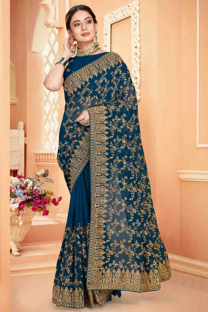 Teal Colour Georgette Designer Saree